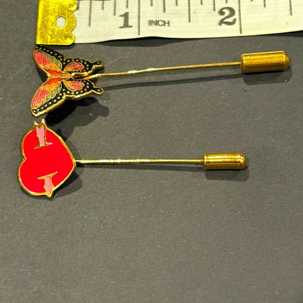 Vintage Enamel Stick Pins – Butterfly & Heart with Arrow – Gold Tone Lapel Pins